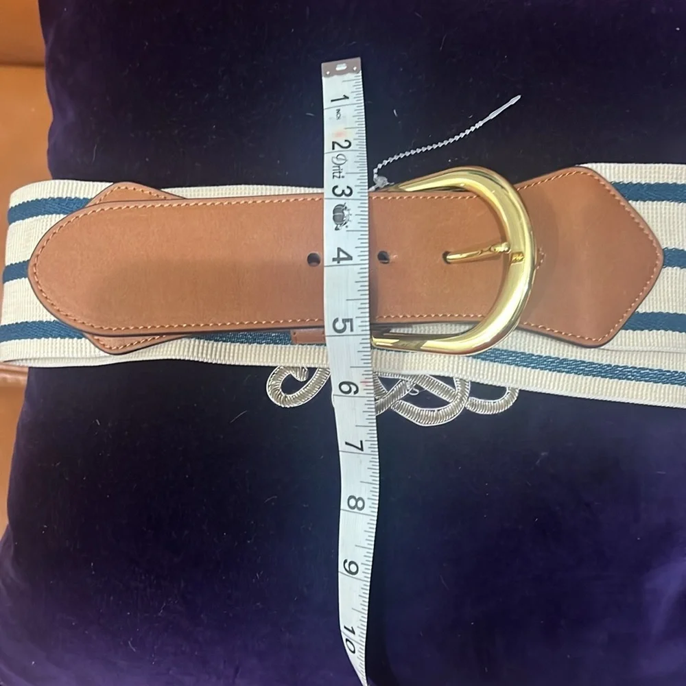Ralph Lauren Navy and White Striped Elastic Belt with Tan Leather